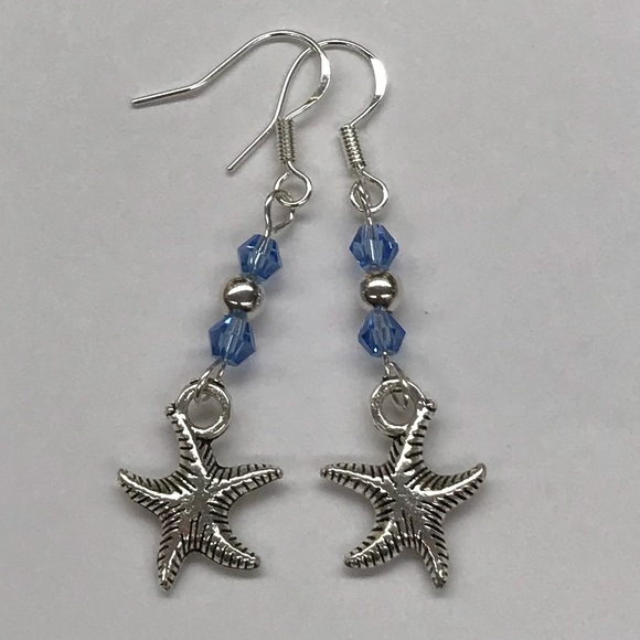 Jewelry - Seashell Charm Dangle Earrings Blue Bead Accents